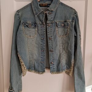 Stylish Blue Denim Jacket with Crohet Sleeves